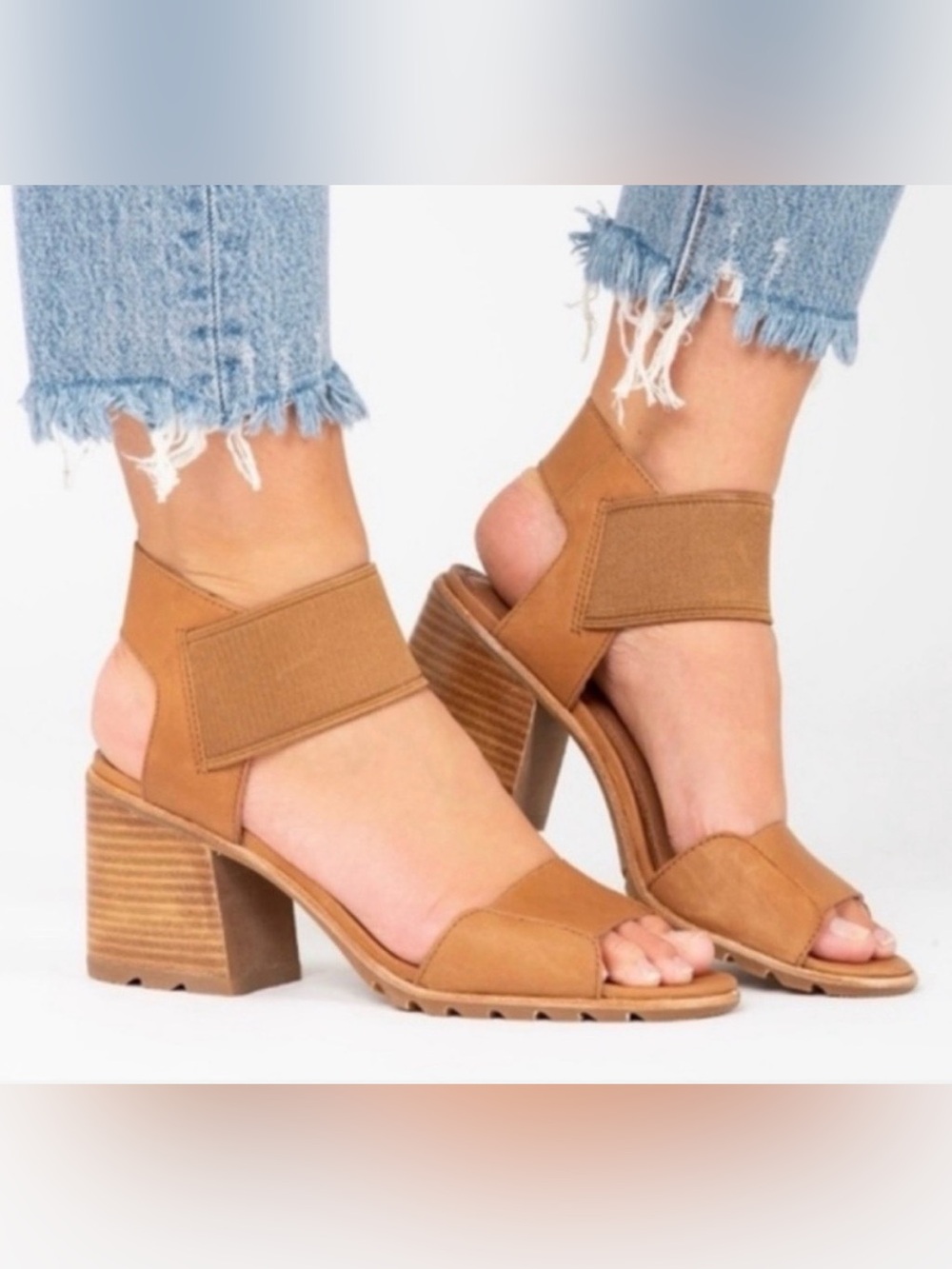 Sorel Nadia Nubuck Leather Block Heel Sandals Camel Brown size 7.5 summer spring